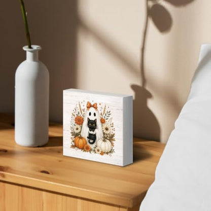 Halloween Fall Ghost Black Cat Pumpkin Wood Box Sign Desk Decor 5X5 - color: Ghost