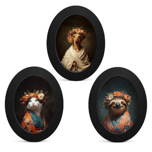3Pcs Vintage Animal Portrait Oval Wall Art Framed Whimsical Decor | Animals with Floral Crown Oval Wall Decor - Whimsical Canvas Prints Hanging Decor for Home Bathroom Living Room - color: color-H