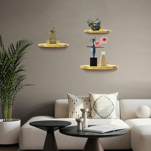 ZEXUIRU 3 Set Metal Glass Shelf for Wall Decor Bathroom Living Room Bedroom Kitchen Metal Mixed-Size, Decorative Glass Floating Wall-Mounted Tempered Shelf Rack Holder -Gold 7.8in/5.9in/3.9in - color: Gold, size: 8 inch