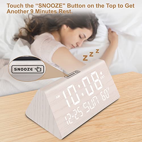 DreamSky Digital Alarm Clock for Bedrooms - Wooden Desk Clock with Date - color: White