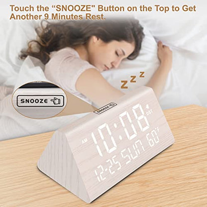 DreamSky Digital Alarm Clock for Bedrooms - Wooden Desk Clock with Date - color: White