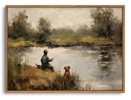 ZZLWBKGL Vintage Framed Wall Decor Boy Fishing Canvas Wall Art 8x10in - color: Boy Fishing, size: 10"L x 8"W