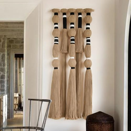 Macrame Wall Hanging Geometric Khaki Boho Fiber Craftsmanship 15.7"W*39"L - color: Khaki Black