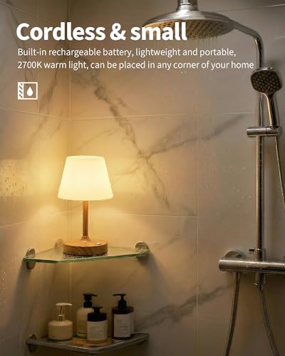 PUSU Cordless LED Wood-Grain Small Table Lamp, Waterproof Shower Desk lamp - color: Wood-grain (Metal + PE Plastic)