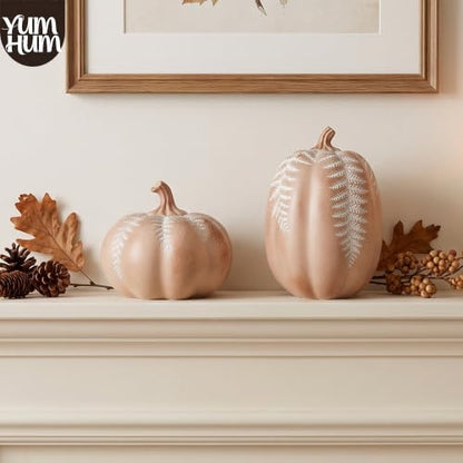 2Pcs Resin Pumpkin Figurines, Fern Fall Thanksgiving Decor - style: Fern Leaf Pumpkin