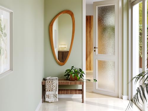 Mid Century Modern Mirror, 22x48 Inch Irregular Wall Mirror, Asymmetrical Wall Mirrors Full Length with Pine Wood Frame for Living Room Bathroom Entryway Hangs Horizontally or Vertically
