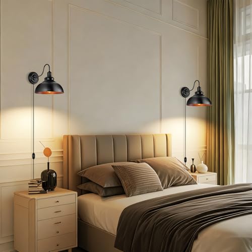 Lightess Plug in Wall Sconce with Dimmable Switch Black Barn Wall Lamp - color: Black with Plug-in Cord