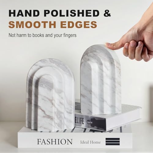 Natural Marble Book Ends - Heavy Duty Bookends for Shelves - Aesthetic Layered Arch Design Stone Book Holders, Modern Office Bookshelf Stopper Decor for Books/CDs (Volakas) - style: Arched-Volakas
