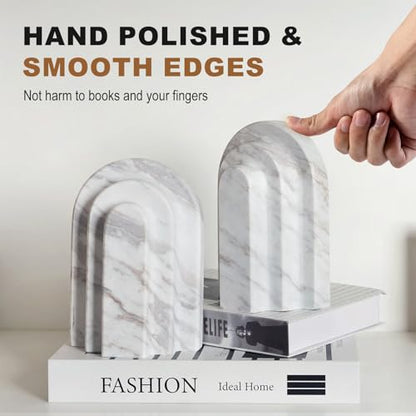 Natural Marble Book Ends - Heavy Duty Bookends for Shelves - Aesthetic Layered Arch Design Stone Book Holders, Modern Office Bookshelf Stopper Decor for Books/CDs (Volakas) - style: Arched-Volakas