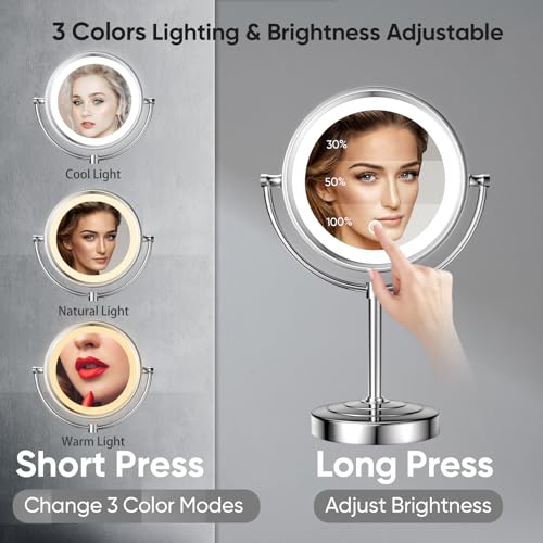 GURUN 8.5" LED Tabletop Makeup Mirror Dimmable Double Sided Chrome 10x - color: Chrome 10x