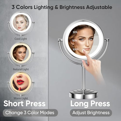 GURUN 8.5" LED Tabletop Makeup Mirror Dimmable Double Sided Chrome 10x - color: Chrome 10x