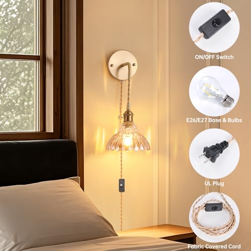 Shenmoyl Vintage Plug in wall sconces Set of 2, 4.9FT Corded Wall Lamps with Amber Lily of The Glass Shade Hanging, sconces wall Decor for Bedroom Living Room Hallway Doorway - color: Lily of the Valley-Amber, size: 2Pack-Plug in
