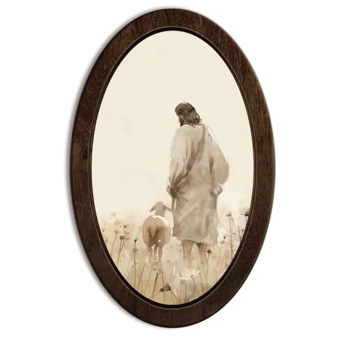 YZSLA Christian Wall Art Decor, Jesus and Lamb Rustic Framed Oval Wall Art - color: Jesus-4