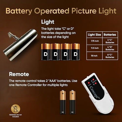 Concepdesigns Picture Light Battery Operated Picture Light, Dimmable Wireless Picture Lights for wall, Art Light, Library Light Battery Operated with Remote Control - 18 inches, Antique Brushed Bronze - color: Antique Brushed Bronze, size: 18 inch