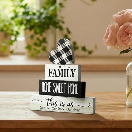 Smile 4 Pcs Family Wooden Tabletop Decor Home Sweet Home Tiered Tray Decoration, Rustic Retro Neutral Wood Heart-Shaped Block Sign, Suitable for Home Shelves Fireplace Mantels - style: Sweet Home