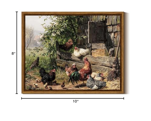 InSimSea Framed Canvas Wall Art - Funny Running Chicken & Chicken Coop - Rustic Farmhouse Painting - Country Wall Prints - Bedroom & Living Room - 8x10in - color: Leisurely Chickens, size: 10"L x 8"W