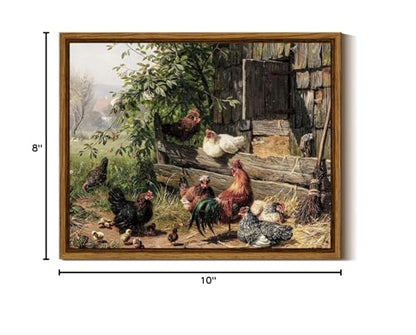 InSimSea Framed Canvas Wall Art - Funny Running Chicken & Chicken Coop - Rustic Farmhouse Painting - Country Wall Prints - Bedroom & Living Room - 8x10in - color: Leisurely Chickens, size: 10"L x 8"W