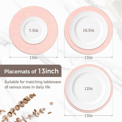 13" Round Placemats Set of 6, Reversible Faux Leather Wipeable Table Mats - color: Light Pink