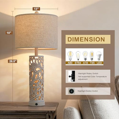 OYEARS 2-in-1 Light Table Lamp Set of 2 for Living Room, 28.5" Farmhouse Bedside Lamps with USB Charging Port, Main&Night Light & Dual Switches, Nightstand Lamp for Bedroom Home Office(Bulb Included) - color: Retro Grey