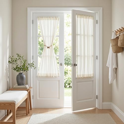 MYSKY HOME Natural French Door Curtains for Door Window 40 Inch Long Short Semi Sheer Light Filtering Curtain for Small Window Drapes Rod Pocket for Bedroom Bathroom, Beige White, 26" Wide, 2 Panels - color: Beige White, size: 26"W x 40"L (Pack of 2)