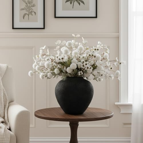 Large Black Round Vase, Pottery Rustic Look for Home Decor - color: Black Large Round