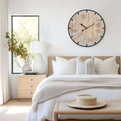 EMAX HOME 20 Inch Large Farmhouse Wall Clock, Rustic Antique Wood with Metal Circle and Large Engraved Numerals, Silent Battery Operated Wall Clock for Office Kitchen Bedroom Living Room - color: Brown, size: 20 Inch Roman numerals