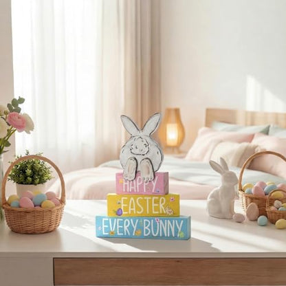 Smile Happy Easter Every Bunny Wooden Block Stack Decor, 3-Tiered Pastel Blocks with Bunny Silhouette for Spring & Easter Tabletop Display