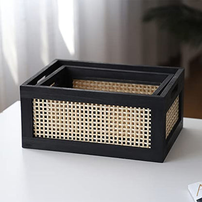 Wicker Wood Storage Baskets with Handle, Set of 2, Black - color: Black, size: Large & Small (Set of 2)