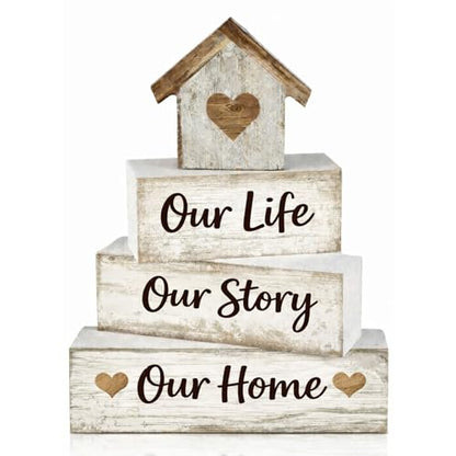 Farmhouse Tiered Tray Decor, 4pcs Our Life Our Story Our Home Table Decor - style: Family