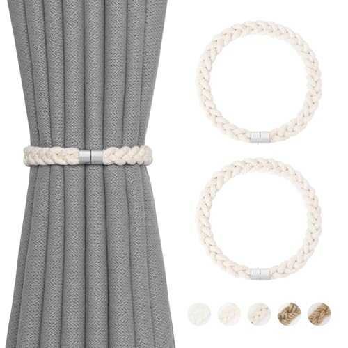 NICEEC 2 Pack Natural Cotton Rope Curtain Tiebacks Elegant Boho Style Magnetic Drape Tie Backs Soft Hand-Woven Rope Curtain Holdbacks for Home & Office Drapery (Cotton rope-01) - color: Cotton Rope-01, size: 2 Pack