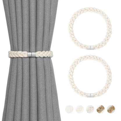NICEEC 2 Pack Natural Cotton Rope Curtain Tiebacks Elegant Boho Style Magnetic Drape Tie Backs Soft Hand-Woven Rope Curtain Holdbacks for Home & Office Drapery (Cotton rope-01) - color: Cotton Rope-01, size: 2 Pack