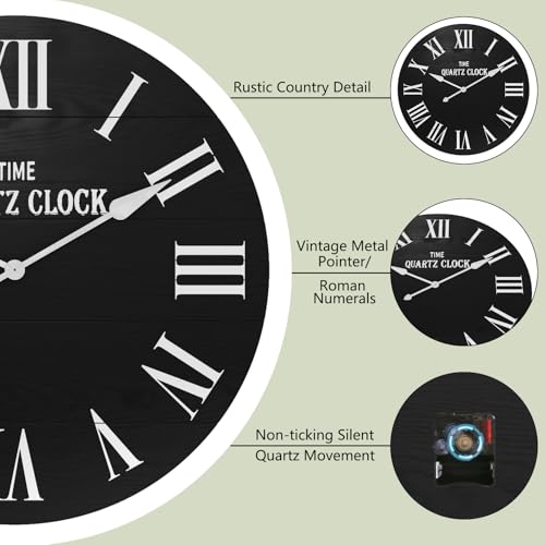 ARTPOWER 35.5" Extra Large Farmhouse Wall Clock,Solid Wood Veneer,Black - color: Black, size: 35.5"W x 35.5"H