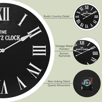 ARTPOWER 35.5" Extra Large Farmhouse Wall Clock,Solid Wood Veneer,Black - color: Black, size: 35.5"W x 35.5"H