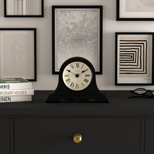 JONES CLOCKS® Speakeasy Small Mantel Clock | Classic Napoleon’s hat Design | Black | Roman Numerals |Traditional Style for Desk, Table, Shelf or Bedside - color: Black
