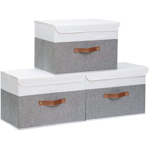 Yawinhe Fabric Storage Boxes with Lids,White/Grey,15.0x9.8x9.8in,3-Pack - color: White/Grey, size: L/(3 Pack)