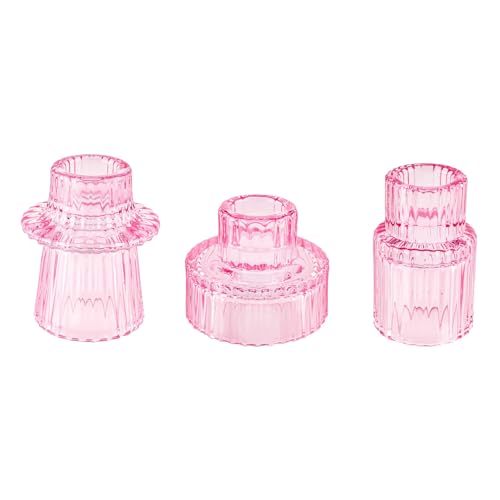 Glass Candlestick Holders, Taper Candle Holders, Set of 3, Pink - color: Pink, size: 3 PCS