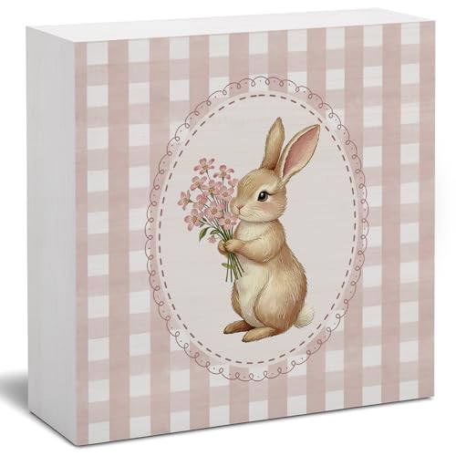 Pink Bunny Wood Box Sign Desk Decor, Bunny Decorations, Pink Easter Theme Wooden Block Box Sign Decoration for Home Office Shelf Table Decor 5x5 - color: 03-easter-pink(02)