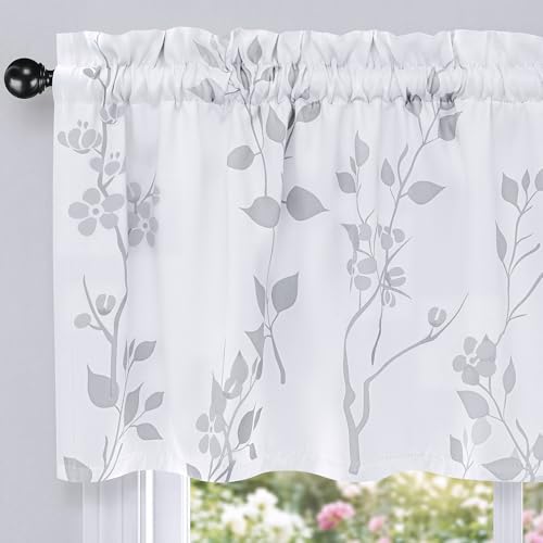 Beauoop Floral Valance Curtains for Kitchen Grey White 52X18 Inch 1 Panel - color: Rod Pocket | Grey, size: 52"W x 18"L (Pack of 1)