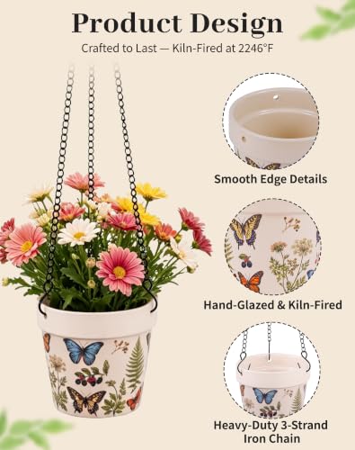 Stoneware Hanging Planters Set of 2,Large 7" + Small 5" - color: Set 2-butterfly Garden