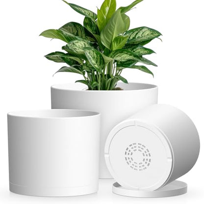 Plant Pots, 10/9/8 Inch 3 Pack Cylindrical Flower Pots with Drainage Holes and Saucers, Plastic Planters for Outdoor Indoor Plants,White - color: White