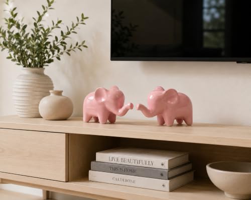 4 Inch Pink Ceramic Elephant Figurines Set of 2 - color: Pink