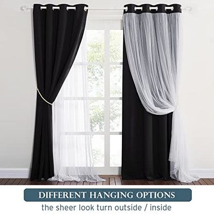 Black Blackout Curtains with White Sheer Overlay for Bedroom/Living Room - color: Black, size: 52"W x 63"L (Pack of 2)