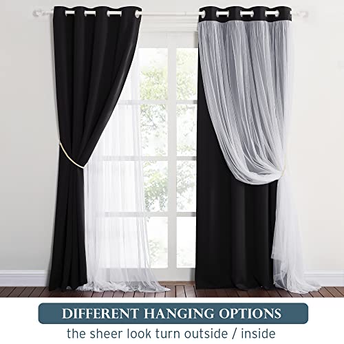 Black Blackout Curtains with White Sheer Overlay for Bedroom/Living Room - color: Black, size: 52"W x 84"L (Pack of 2)