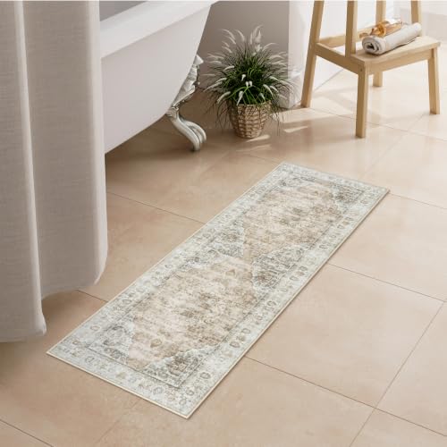 Uphome Bathroom Rugs Runner, Distressed Farmhouse Boho Light Khaki Bath Mat, Non Slip Washable Long Bath Rugs, Vintage Traditonal Soft Velvet Bathroom Runner for Bathtub Sink Shower, 18x47 inch - color: Light Khaki, size: 18 x 47 inch (Rectangular)