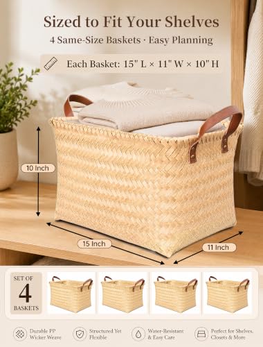 Wicker Storage Baskets, 4 Pack Woven Baskets for Shelves, Yellow - color: Rectangle Yellow