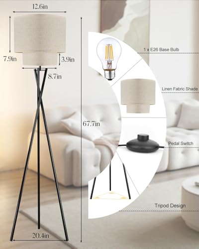 Lightdot Black Tripod Floor Lamp, Modern Floor Lamps for Living Room, Standing Lamp with Dual Drum, E26 Bulb Included, 67.7" Tall Floor Lamp for Bedroom, Home Office - color: Double Fabric-Black