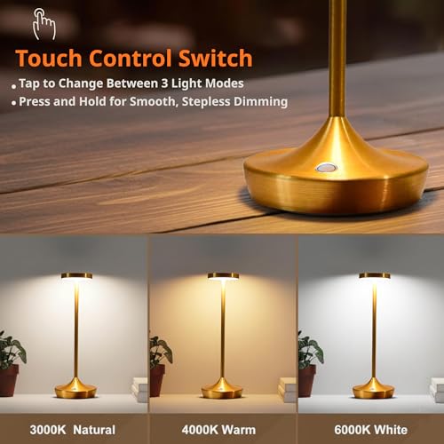 Gold Cordless LED Table Lamps Rechargeable 6000mAh, 72H Runtime, Waterproof - color: Gold