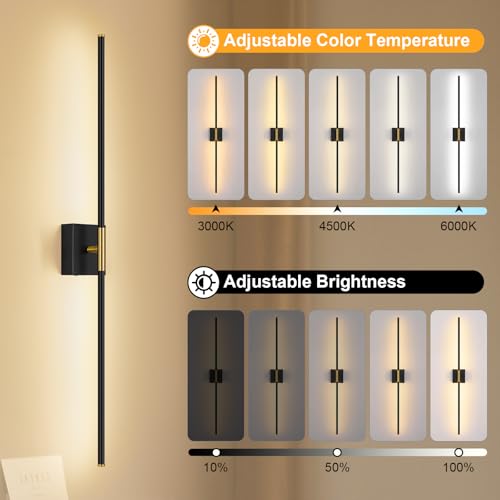 Battery Operated Wall Sconce Set of Two with Remote Control, 3000K-6000K Dimmable Black Gold Wall Lights, Timable LED Wireless Wall Sconces, 350° Ratate for Bathroom, Living Room, 39.4 Inch - color: Black & Gold, size: 39.4in(2 Pack)