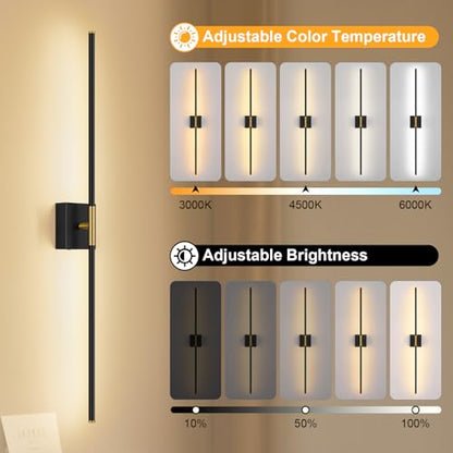 Battery Operated Wall Sconce Set of Two with Remote Control, 3000K-6000K Dimmable Black Gold Wall Lights, Timable LED Wireless Wall Sconces, 350° Ratate for Bathroom, Living Room, 39.4 Inch - color: Black & Gold, size: 39.4in(2 Pack)