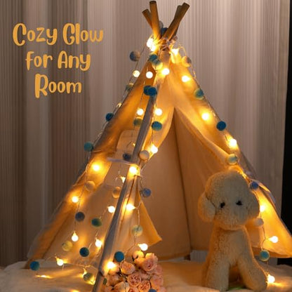 9.84FT Pom Poms Fairy Lights 30 LED Battery & USB Operated String Lights - color: Blue, size: 9.54 FT